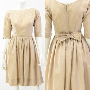 50s Vintage Womens 2 Textured Beige Tea Dress 3/4 Sleeves Bow Details