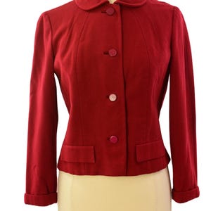 50s Betty Rose Blazer Womens M Red Embroidery Climbing Roses Cuffed Sleeves
