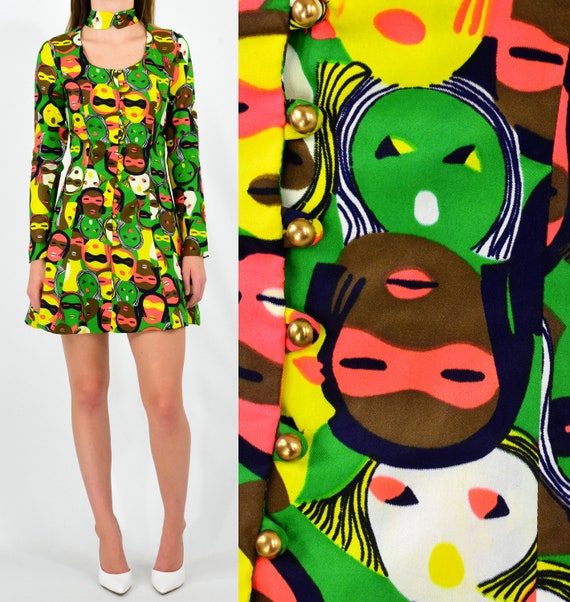 1970's Vintage XS Novelty Print Skater Dress Mini