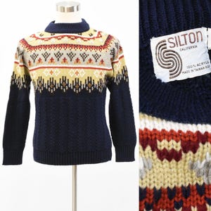 70s Vintage Mens Sweater Geometric Crew Neck Size M Silton California