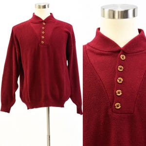 90s Vintage Mens L Brick Red Lands&#39; End Henley Sweater Knit Cotton Relaxed Fit