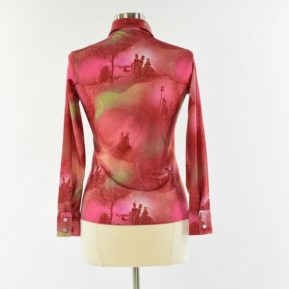 70s Vintage Womens XS Novelty Print Blouse Shirt … - image 5