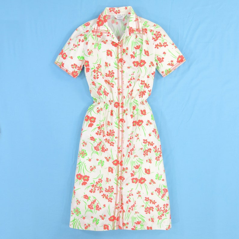 70/'s Vintage Red Butterfly Print Shirt Dress Tanner S 6 Rockabilly Cotton