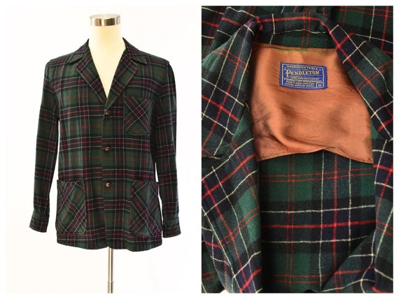 50s/60s Vintage Pendleton Green Plaid Wool Jacket… - image 1