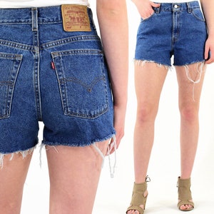 Vintage Levi&#39;s 550 High Waist Denim Shorts Dark Med. Wash 00 0 2 4 6 8 10 12 14 16
