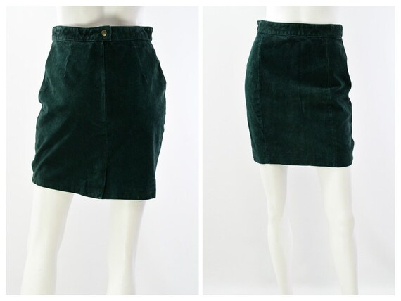 90s Vintage Dark Green Suede Leather Skirt Paris … - image 1