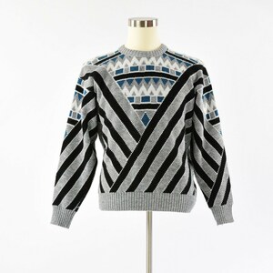 80s Vintage Mens M Geometric Print Sweater Bollini Striped Artsy Crew Neck