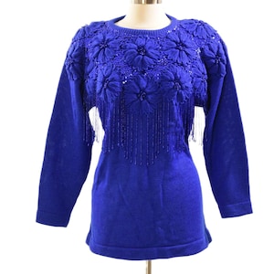 90s Vintage Priscilla Royal Blue Wool Beaded Fringe Sweater Womens M Knit Tunic