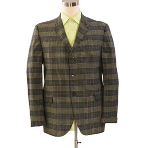 60s  Vintage Plaid Cotton Blazer 40L Greens Blues Reds 3 Button Earthy Prep