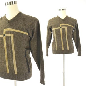 80s Vintage Mens 40 Brown Geometric Print Lambs Wool Sweater Bonanza