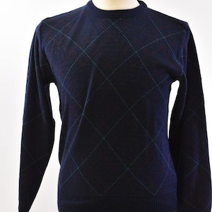 Mens Vintage Campus Crew Neck Sweater Navy Blue With Diamond Pattern Size L