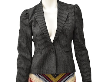 70s Vintage Charcoal Gray Puff Sleeve Wool Blazer Womens XS 2 Pin Striped Jacket Cropped Mod Jacket Fitted Victorian Style Vertical Stripes