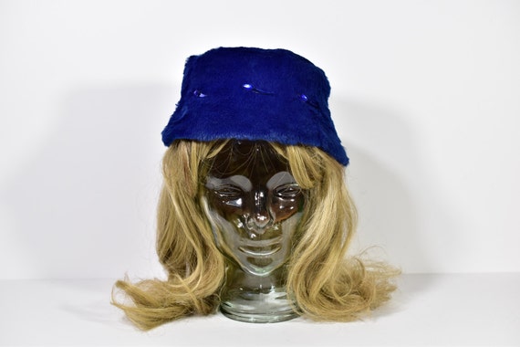 50s Vintage Blue Fur Hat Embellished Bucket Hat J… - image 3