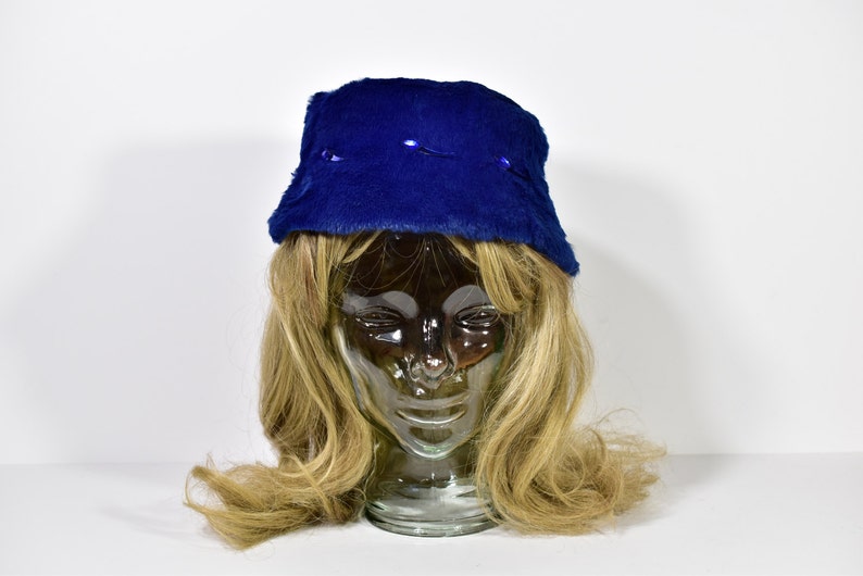 50s Vintage Blue Fur Hat Embellished Bucket Hat Jewels Womens XS image 3