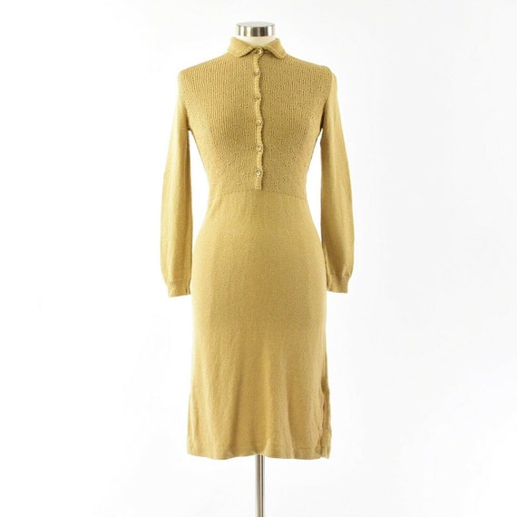 60s Vintage Gold Knit Shirt Dress Womens S Dana H… - image 1
