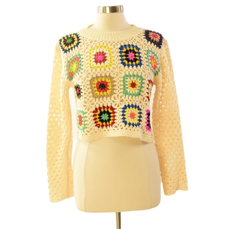 Luna & Ivy Cropped Crocheted Sweater Womens M Anthropologie Doily 70s Retro image 1