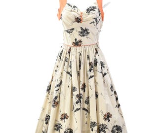 50s Vintage Cotton Fit N Flare Dress 2XS Beige Orange Black Sweetheart Floral