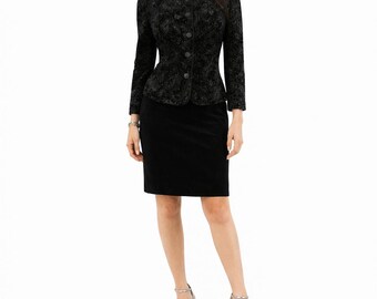 90s Vintage Black Velvet Pencil Skirt & Jacket Set Paisley Print Evening Suit M