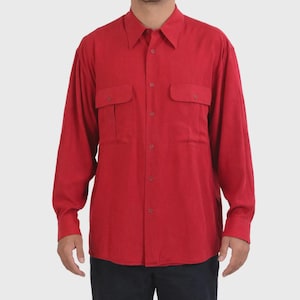 90s Vintage Silk Button Front Shirt Mens L Genelli Red Long Sleeve Relaxed Fit