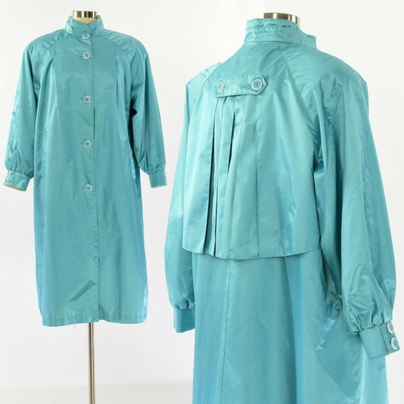 90s Vintage Womens 12P Turquoise Blue Rain Coat P… - image 1