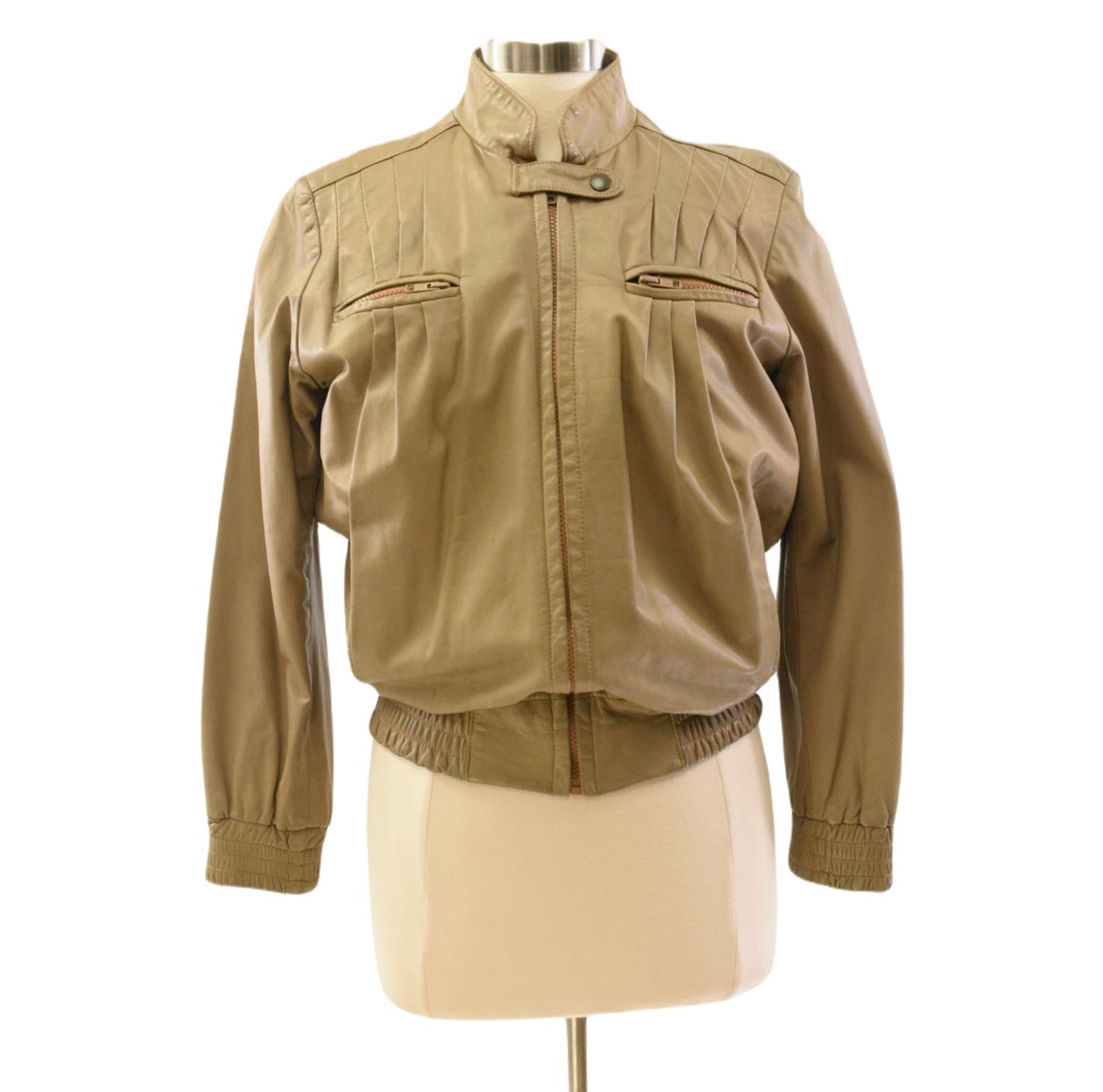 Vintage Pleated Leather Short Coat Wool Lined Womens M