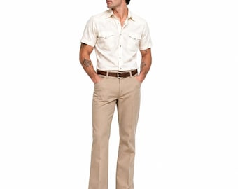 70s Vintage Levis Bootcut Pants Mens 34 30L Tan Beige Western Polyester Slacks