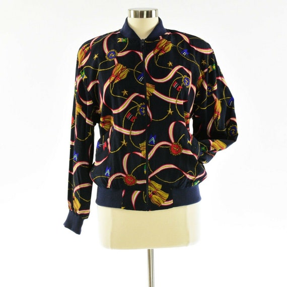 90s Vintage Womens L Or 12 Nautical Print Bomber … - image 1