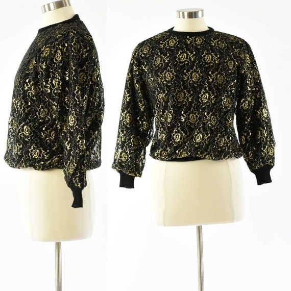 Wool Balloon Sweater Gold Lace Overlay Cropped De… - image 1