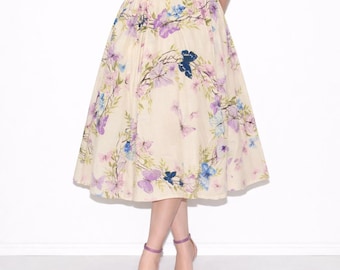 50s Vintage Floral Butterfly Circle Skirt Women 00 Midi ALine Cotton Cottagecore