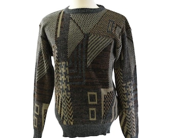 80s Vintage Relaxed Fit Geometric Sweater Mens XL Tall Crew Gray Graphic Baggy