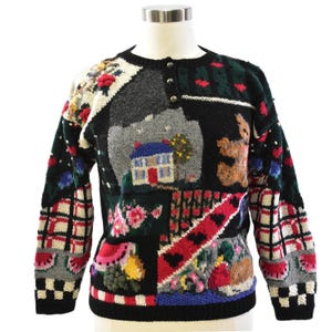 80s Vintage Wool Novelty Henley Sweater Womens L Cottagecore Patchwork Scenic Knit