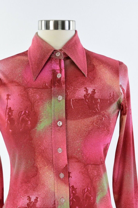 70s Vintage Womens XS Novelty Print Blouse Shirt … - image 2