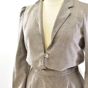 70s Vintage Gray & Rust Brown Wool Plaid Skirt Suit 1Womens 12