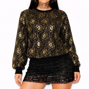 Vintage Wool Bubble Hem Sweater Womens S Cropped Black & Gold Metallic Lace 80s