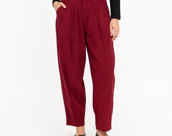 Vintage Red Pleated Pants Women 6 Burgundy High Waist Tapered Western Yoke 70s