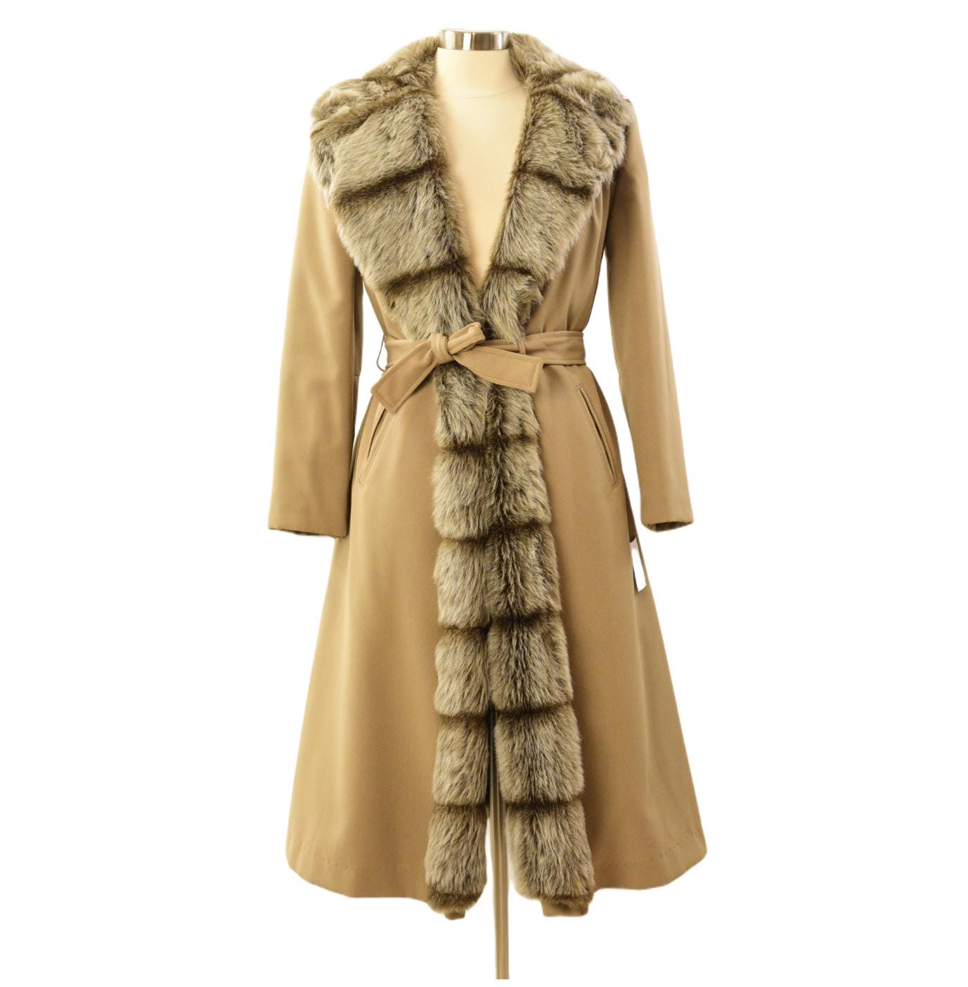 70s Vintage Camel Twill Wrap Coat Womens M Faux Fur Shawl Collar