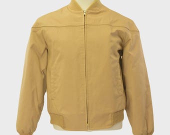 70s Vintage Campus Mens L Tan Bomber Jacket USA Faux Fur Lined Western Coat