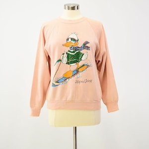 80s Vintage Womens M/L Graphic Print Sloped Duck Sweatshirt Miller Single Sided