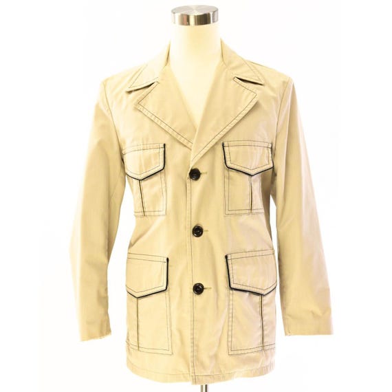 70s Vintage Safari Jacket Mens M Beige Cotton Blazer Utility Coat Black Trim Mod Style Workwear