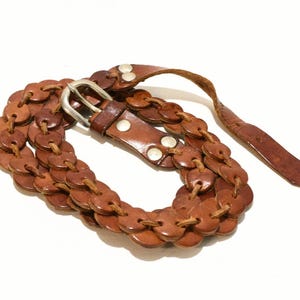 Vintage Artisan Leather Wood Disc Belt Boho Festival Western Statement 42\