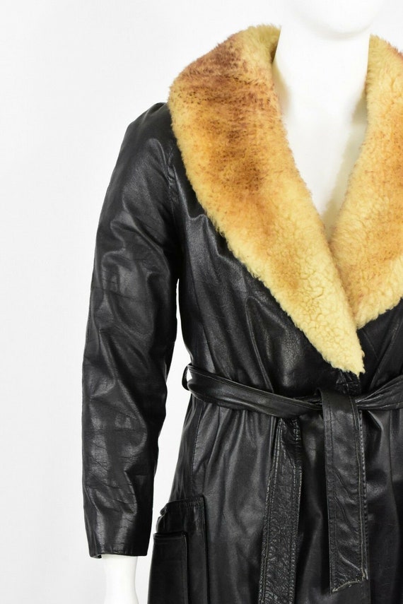 50s vintage leather & shearling wrap coat shearli… - image 3