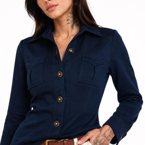 70s Vintage Blue Utility Blouse Size S Fitted Breast Pocket Top Office Button Up