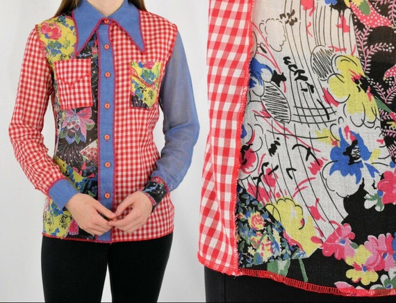 70s vintage women's S gingham plaid novelty top we