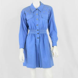90s Vintage Chambray Embellished Romper Shirred Joan Walters 10 Petite Western