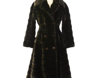 60s Vintage Nipped Waist Faux Fur Coat Womens S Chocolate Brown