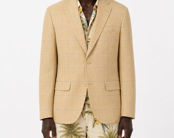 70s Vintage Plaid Sport Coat Mens 40R Yellow Linen Cotton Summer Blazer Blue Mod