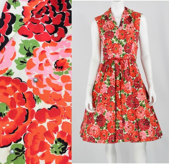 50's vintage handmade red floral print tea dress … - image 1