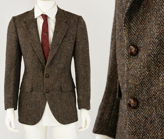 70s vintage mens 40R brown Harris Tweed blazer lea