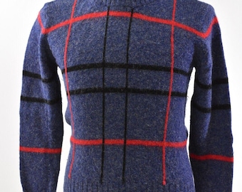 90s Vintage Mens S Hairy Plaid Crew Neck Sweater Jean Michaud Blue Red Black