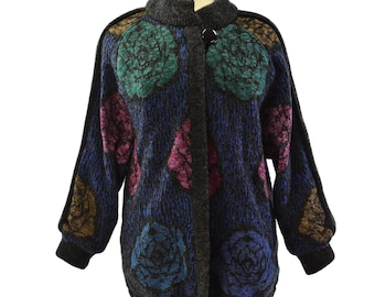 80s Vintage Mohair Floral Sweater Coat Womens M L Boho Knit Jacket Oversized Textured Cardigan Maximalist Art To Wear